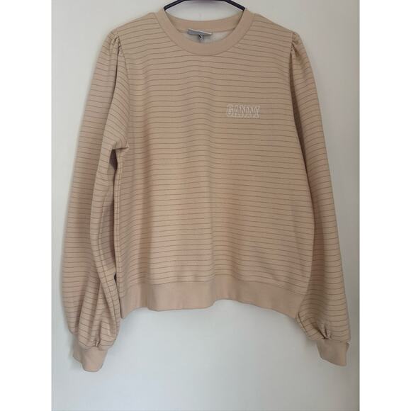 GANNI Organic Cotton Puff Sleeve Metallic Stripe Sweatshirt - Cream/Gold, XL - Picture 2 of 10